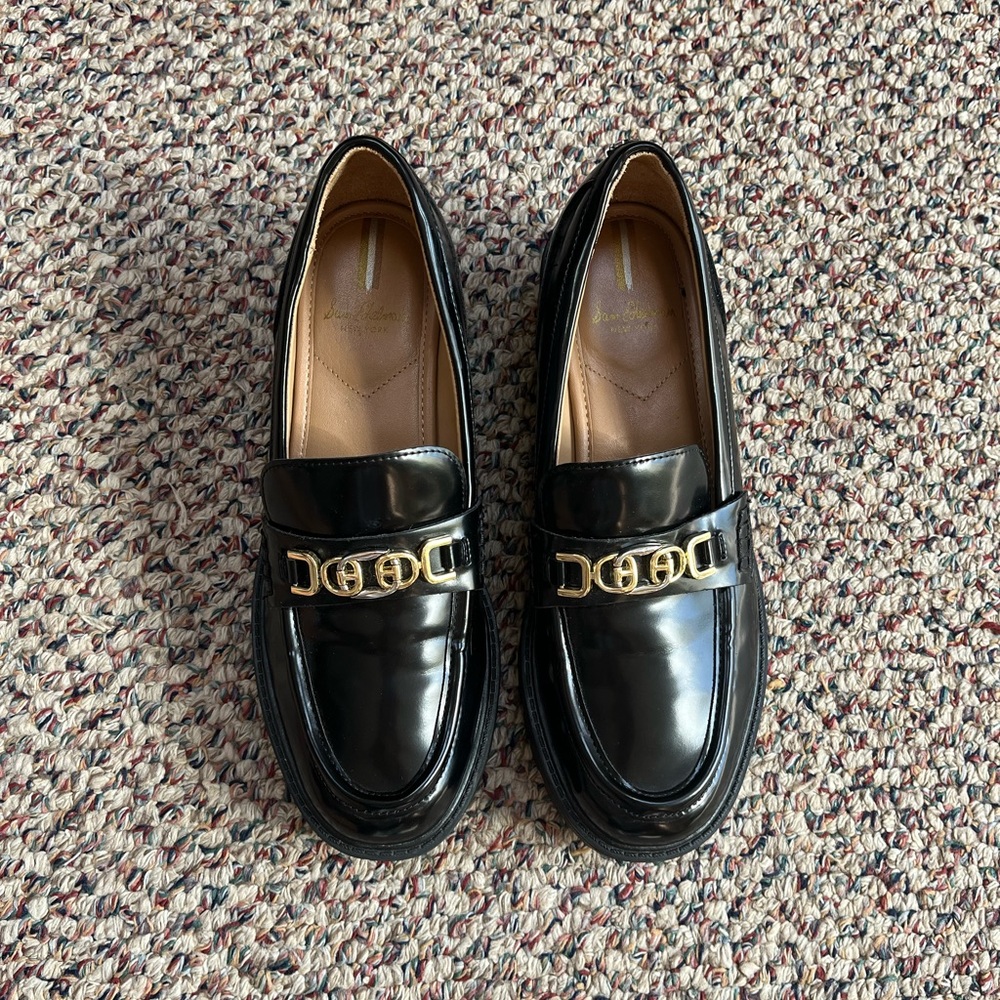 Sam Eldeman Black Loafers with Gold Accent